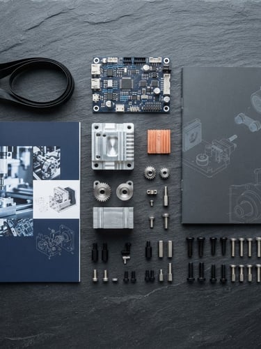 Overhead flat-lay of clean system spare parts and high-quality printed brochures on a dark slate background, bright clean studio lighting, 50mm lens