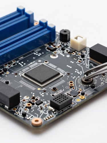 Macro shot of a clean motherboard repair with a technician using tools under bright clean studio lighting, cool slate and navy tones
