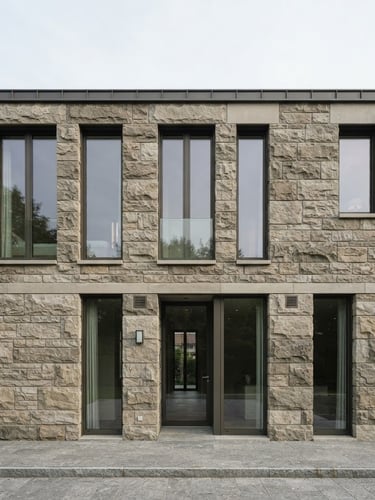 Flat-lay architectural elevation of a modern stone facade, natural overcast daylight, sharp focus, 50mm lens, tactile stone texture