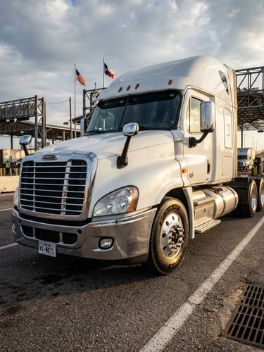 Dramatic low-angle shot of a clean commercial semi-truck parked at the Laredo border crossing, high-contrast morning light reflecting off metallic steel surfaces, sharp industrial photography