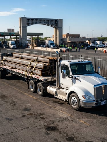 Sharp industrial photography of a clean commercial flatbed truck loaded with steel cargo, parked at the Laredo border facility under hard morning sun, metallic surfaces reflecting light, 35mm lens.