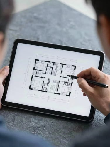 Over-the-shoulder shot of an estimator analyzing a detailed architectural blueprint on a tablet screen, cool slate tones, sharp focus, 35mm