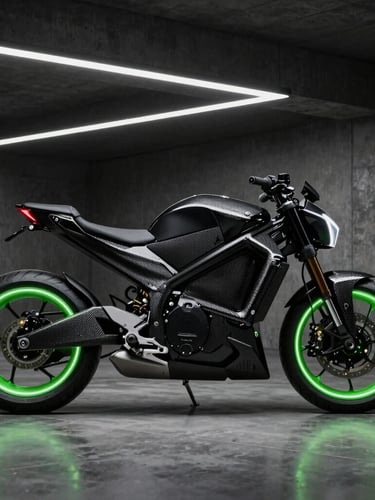 Side view of a premium black electric hyper-bike with carbon fiber frame and glowing green LED rim lights, parked in a dark architectural concrete garage with sharp rim lighting, 8k resolution, 35mm