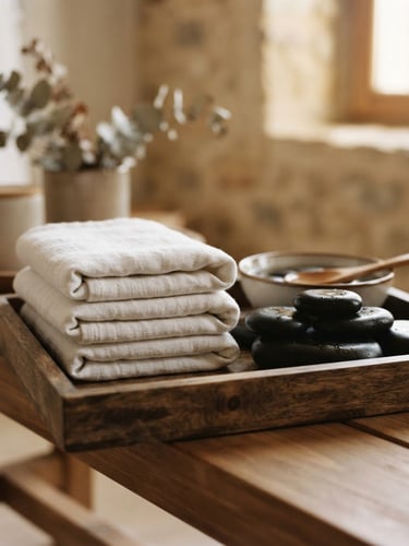 Medium close-up of folded soft white linen towels beside a set of natural basalt hot stones on a wooden tray, warm diffused indoor lighting, elegant home spa setting, 35mm photography