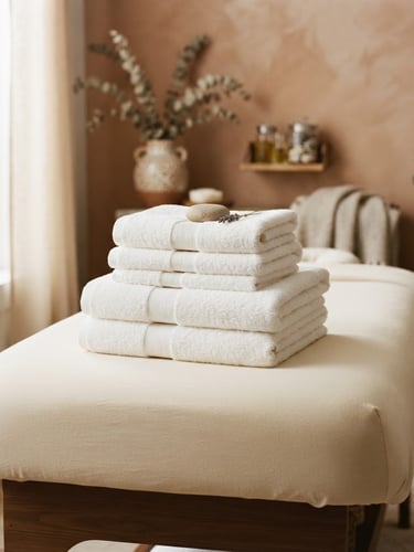 Medium close-up of folded soft white towels on a professional massage table, warm diffused indoor lighting, elegant home interior, shallow depth of field