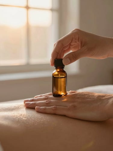 Close-up of hands gently applying natural massage oil from an amber glass bottle onto a clean surface, warm golden hour window light, serene atmosphere