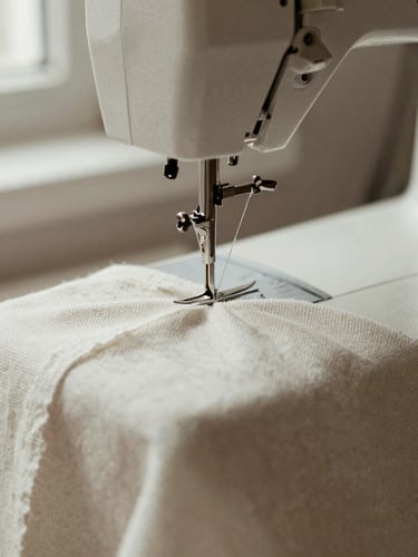 Macro photograph of a precise sewing machine needle stitching heavy ivory linen fabric with perfect tension, soft side-lit window daylight, desaturated warm tones, 35mm