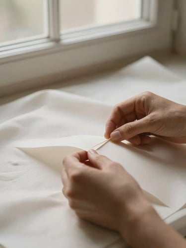 Hands of an artisan carefully pinning a paper pattern onto soft ivory silk, warm diffused side-lighting, desaturated charcoal and warm ivory tones
