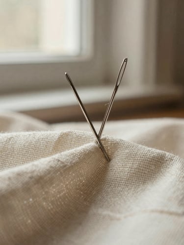 Extreme close-up of a silver sewing needle piercing heavy linen fabric, soft side-lit window daylight, shallow depth of field, 35mm warm editorial photography
