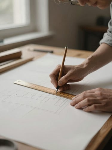 Warm editorial shot of a master tailor drawing pattern lines on heavy paper with a wooden ruler, soft side daylight, desaturated charcoal tones, 35mm