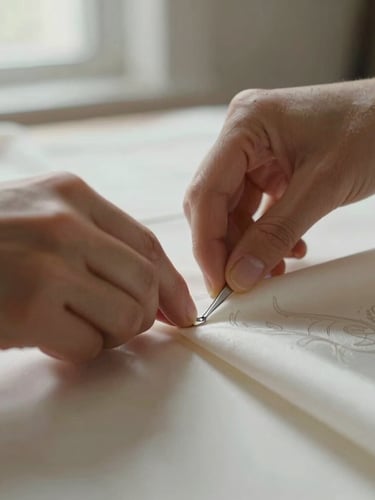 Extreme close-up of a tailor's hands pinning a delicate pattern onto fine silk crepe, soft diffused side-lighting, warm editorial style, shallow depth of field, 35mm