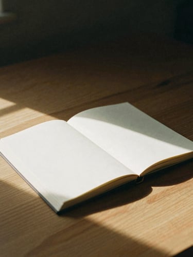 A minimalist desk in soft directional window light, an open notebook with clean margins, architectural shadows across warm wood, 35mm film.