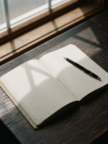 Soft directional window light hitting an open notebook on a dark oak desk, architectural shadows, minimalist composition, 35mm film