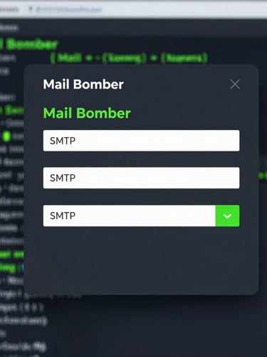 Flat-on screenshot of Mail Bomber configuration panel showing SMTP settings, clean dark-mode UI with terminal-green accents, macro depth of field
