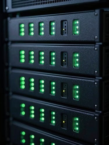 Close-up of clean server rack with blinking green lights, cool-toned low-key ambient lighting, sharp technical depth of field