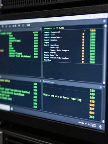 Direct macro close-up of a server rack workstation screen showing active network diagnostic readouts, low-key ambient glow, sharp technical details