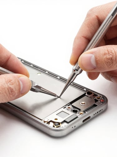 Macro shot of precise hand tools working on an open smartphone chassis, bright high-key commercial photography, clean natural daylight, sharp focus on technical details, neutral tones, 50mm lens