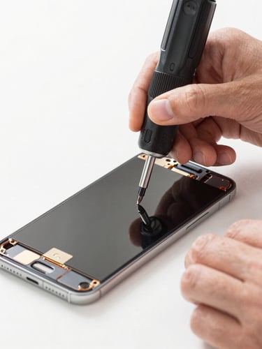 Macro shot of a certified technician's hands using a magnetic screwdriver to secure a new screen onto an open smartphone chassis, bright natural daylight, clean work mat