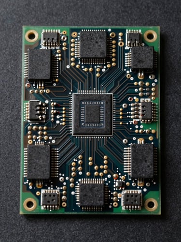 Overhead close-up shot of a custom PCB circuit board on a matte black surface, solder joints and component traces sharply in focus, neutral flat studio lighting with no reflections, full-frame fill with no background visible beyond the board edges