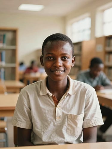 A candid, authentic portrait of a young East African student sitting in a bright modern library, soft natural daylight, warm golden-hour tones, 35mm