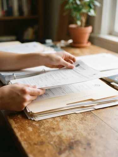A close-up of hands organizing university application documents on a wooden desk with soft natural daylight, shallow depth of field, 35mm