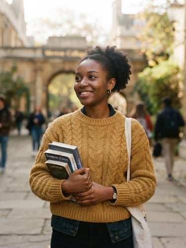 Authentic medium portrait of an African student in a knit sweater holding books on a historic European university campus, soft morning sunlight, shallow depth of field, 35mm