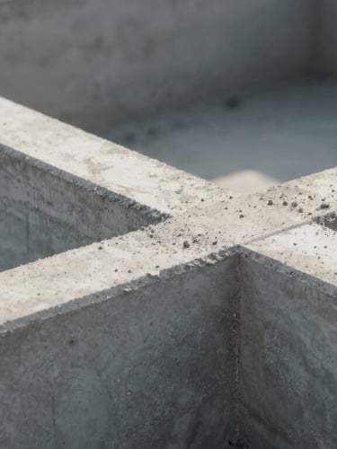 Macro shot of a concrete foundation pour, clean formwork lines, crisp morning site light highlighting structural precision