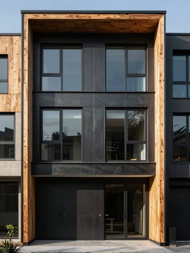 Straight-on architectural elevation of a modern residential facade, high-contrast morning light, dark steel panels and natural cedar siding.