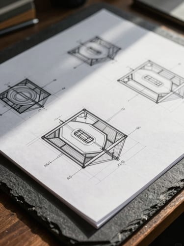 Crisp architectural drawings laid out on a dark slate desk, natural side light casting sharp shadows on technical lines