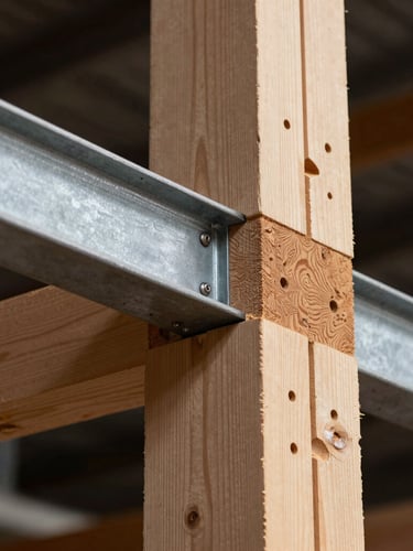 Close-up of precise timber framing joints meeting a steel beam, natural high-contrast side-lighting, architectural precision