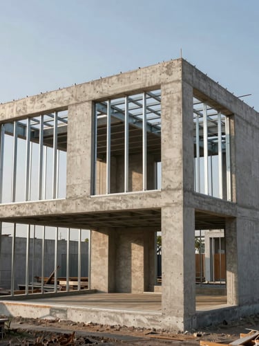 Straight-on architectural elevation of a modern residential concrete foundation and steel framing, natural morning site light, sharp geometric lines.