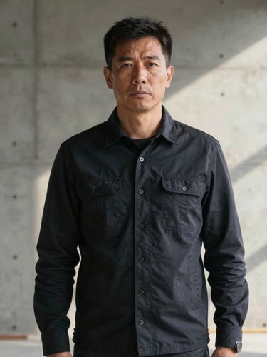 Straight-on architectural portrait of a construction director in clean dark apparel looking off-camera, soft morning light, concrete wall background