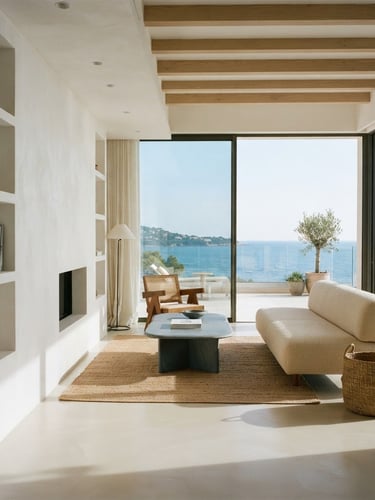 Architectural interior of a minimalist sunlit living room in Saint-Raphaël, soft coastal daylight reflecting on clean cream floors, high-end editorial 35mm