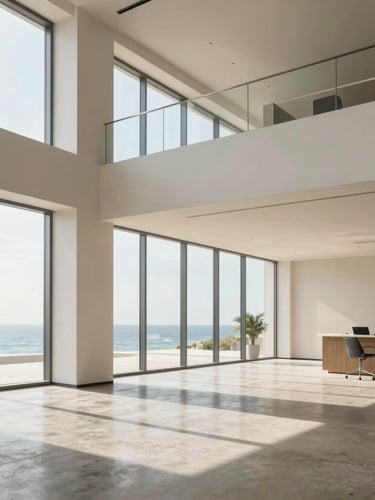 Architectural interior photography of a modern, sunlit corporate office lobby with clean lines, polished concrete floors, and minimalist design, soft coastal daylight streaming through wide windows.