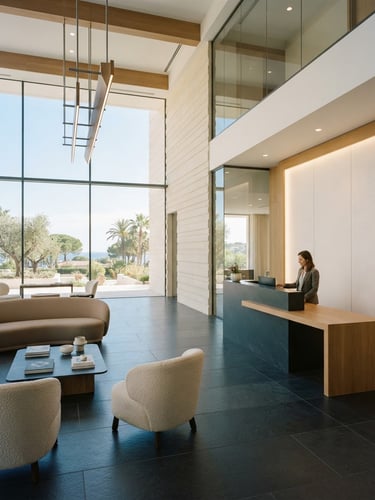 Architectural interior photography of a sunlit modern office lobby in Saint-Raphaël, clean lines, slate and warm cream tones, high-end editorial, 35mm