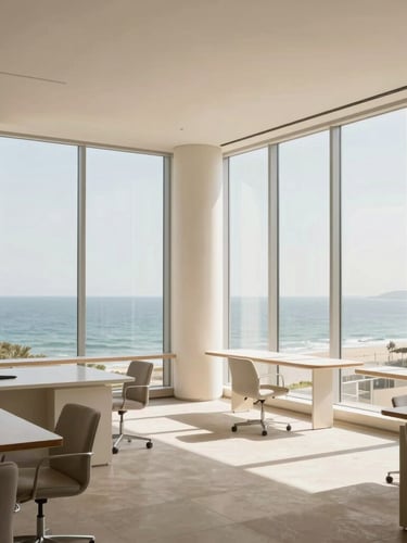 Architectural interior photography of a sunlit, clean modern office space, soft coastal daylight streaming through tall windows, minimal furniture, clean lines, slate and warm cream tones, 35mm