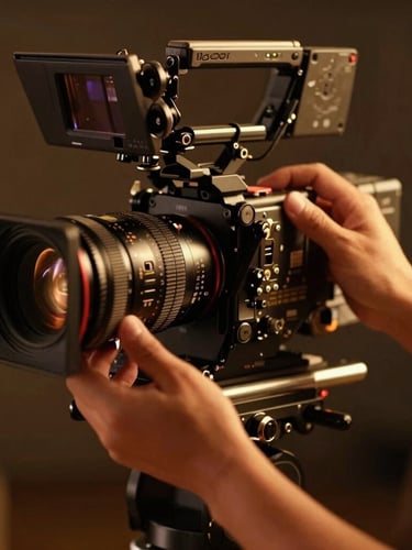 Close-up of hands adjusting a high-end cinema camera lens on a dimly lit production set, warm dramatic side lighting, rich rust tones, shallow depth of field, professional filmmaking