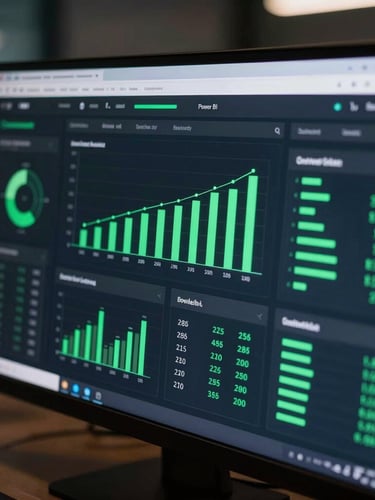 Close-up of a sleek Power BI dashboard displaying sales performance metrics, glowing neon green accents, dark ambient lighting, sharp focus on data visualizations, professional workspace background.