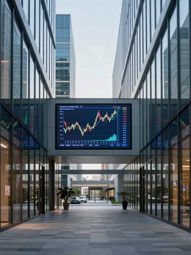 Wide shot of a modern corporate office interior, sleek glass walls, crisp cool daylight, a single financial chart displayed on a large screen in the background, sharp focus, 35mm.