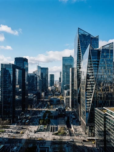 Wide panoramic view of a modern financial district with glass skyscrapers reflecting crisp blue sky, sharp focus on the right third, deep navy tones, cool daylight, 35mm