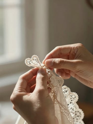 Macro shot of delicate silk and lace being pinned with precision, soft warm morning light casting gentle shadows, elegant atelier setting, shallow depth of field