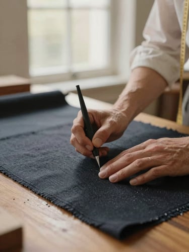 Close-up of master tailor hands chalking dark wool fabric on a wooden table, warm natural window light, shallow depth of field, 35mm