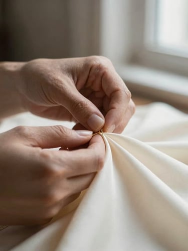 Macro shot of a master tailor's hands stitching delicate gold thread into vintage ivory silk, soft natural window light, muted tones, shallow depth of field