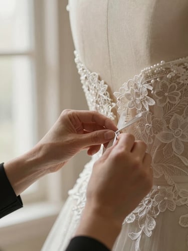 Close-up of professional tailor hands pinning a delicate lace wedding gown on a mannequin, soft warm window light, elegant cream tones, shallow depth of field, portrait aspect