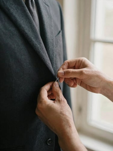 Macro shot of master tailor hands pinning a dark wool suit jacket, soft warm window lighting, editorial 35mm photography