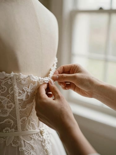 Close-up of hands pinning delicate white lace on a bridal mannequin, warm natural window light, muted cream tones, shallow depth of field, 35mm