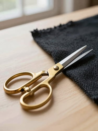 Macro shot of heavy brass tailor shears cutting dark charcoal wool fabric on a clean wooden table, soft natural window light, shallow depth of field, 35mm