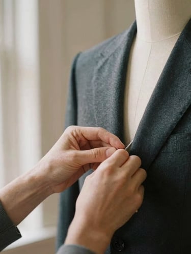 Close-up shot of tailor hands pinning a charcoal wool suit jacket on a mannequin, warm natural light coming from a side window, shallow depth of field, 35mm photography