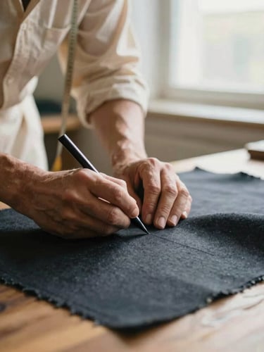Close-up of a master tailor's hands chalking dark wool fabric on a wooden table, warm natural window light, shallow depth of field, 35mm editorial photography
