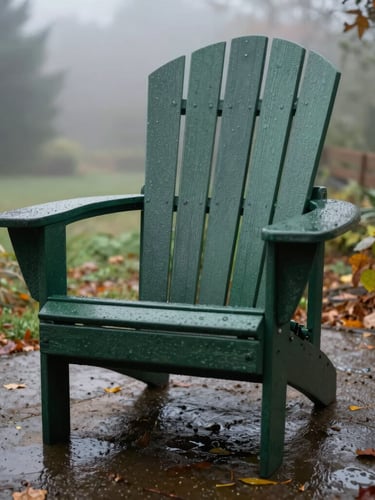 Low-angle hero shot of a heavy-set dark forest green Adirondack chair in a misty, damp garden setting, autumn leaves on the wet ground, overcast daylight, shallow depth of field, 35mm